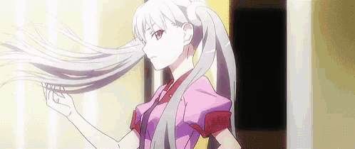 a girl with long white hair is standing in a room .