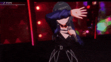 a cartoon girl is singing into a microphone in a dark room