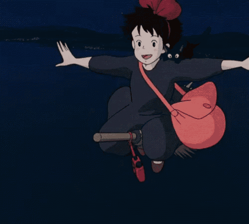 a little girl is flying on a broom with a black cat on her back .
