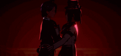 two anime characters standing next to each other in front of a red background