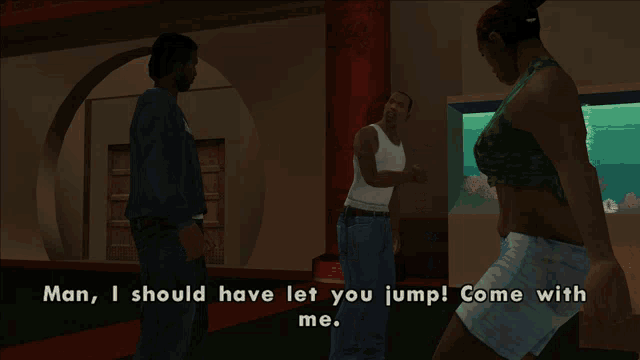 a video game scene with a man saying " man i should have let you jump "