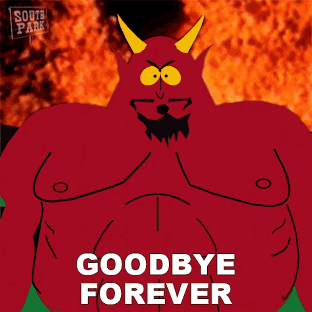 a cartoon devil says goodbye forever in front of a fire background