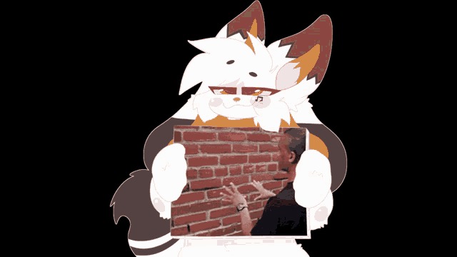 a cartoon of a cat holding a brick wall