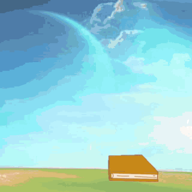an open book with a rainbow in the background and the letter a flying in the air