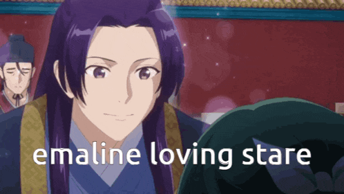 a purple haired anime character with the words " emaline loving stare "