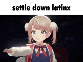 a little girl is pointing at something with the words `` settle down latinx '' written above her .