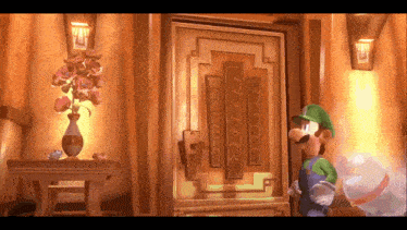 a cartoon character standing in front of a door