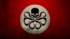 a black and white octopus with a skull in the middle of it on a red background .