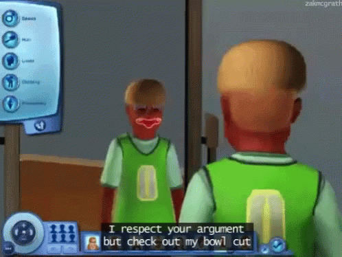 Clown Sims GIF - Clown Sims I Respect Your Agrument But Check Out My Bowl Cut GIFs