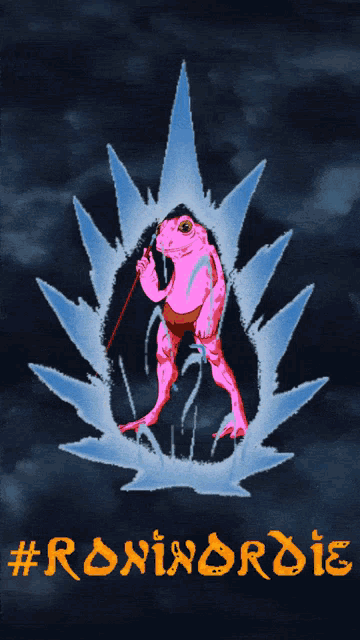 a poster with a pink frog holding a stick and the words #roxinordic in orange