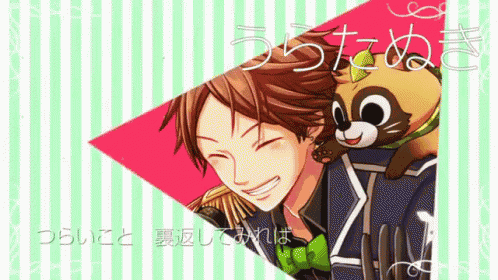 a cartoon of a man with a raccoon on his shoulder and a striped background
