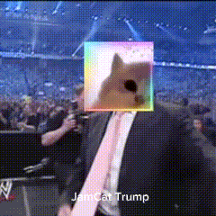 a man in a suit and tie is holding a rainbow dog in front of his face and says jam cat trump on the bottom