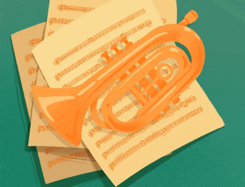 an orange trumpet sits on top of sheet music