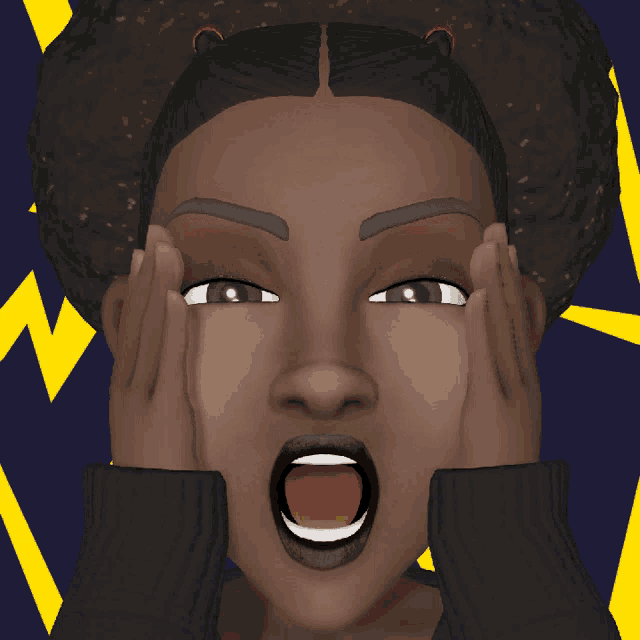 a close up of a cartoon character 's face with the letter m in the background