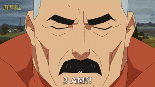 a cartoon of a man with a mustache and the words 3 am