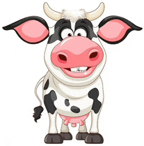 a cartoon cow with horns and pink ears is smiling and looking at the camera .