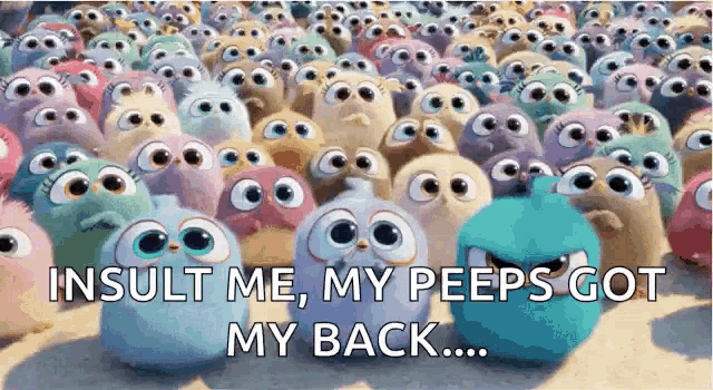 a bunch of angry birds are standing next to each other and one of them says insult me my peeps got my back .