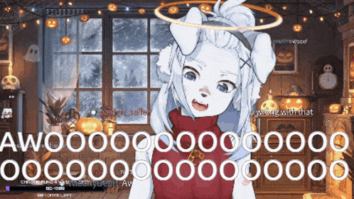 a cartoon character with a halo on her head is talking to someone
