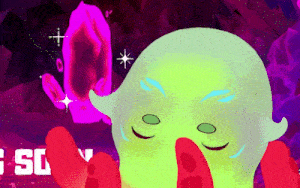 a cartoon drawing of a ghost with a pink object in the background
