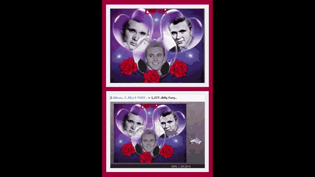 a picture of two men with pink hearts around them and roses