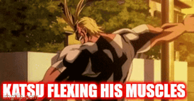 a cartoon of a man flexing his muscles with the words " katsu flexing his muscles " below him