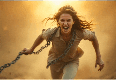 a woman is running with a chain around her neck and screaming