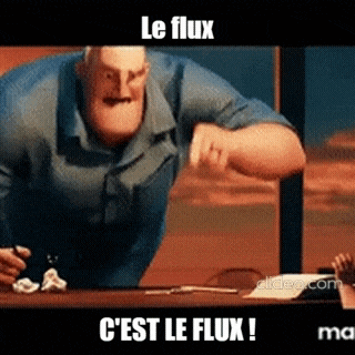 a cartoon man sitting at a desk with the words le flux c'est le flux on the bottom