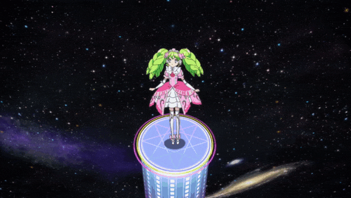 a girl in a pink dress is standing on top of a blue circle