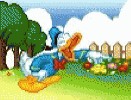 donald duck is sitting in a field with trees and flowers in a pixel art .