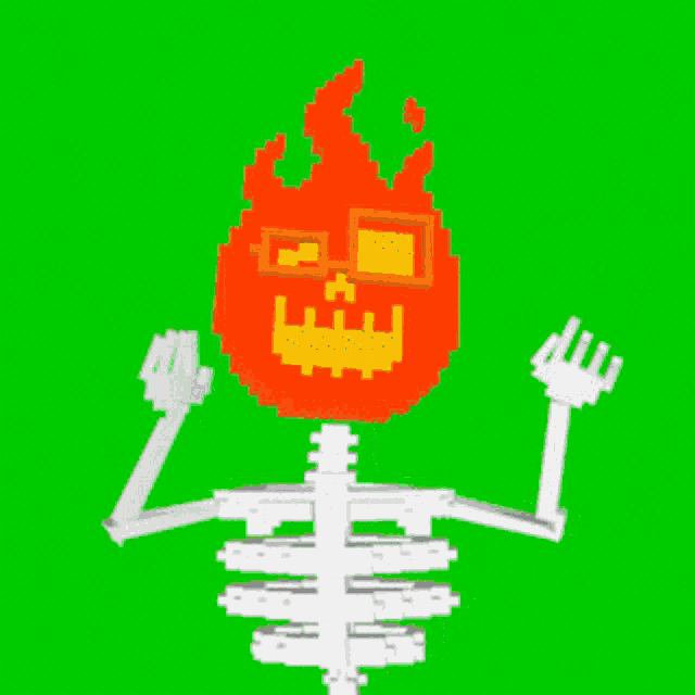 a pixel art drawing of a skeleton with a flaming head giving the middle finger