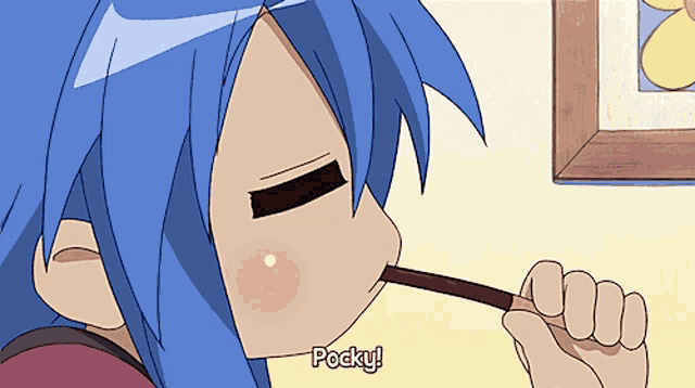 a cartoon character with blue hair eating a pocky