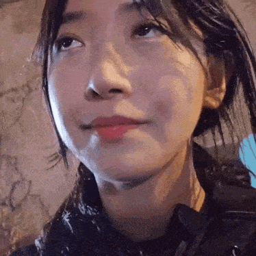 a close up of a woman 's face with a slight smile on her face