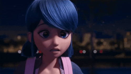 a cartoon girl with blue hair and a pink backpack is standing in front of a city at night .