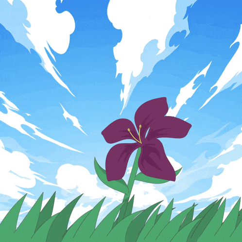a purple flower with a yellow center is standing in the grass