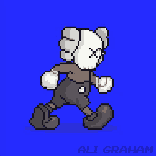 a pixel art of a teddy bear with the name ali graham on the bottom right