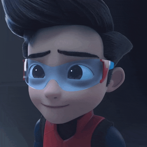 a close up of a cartoon character wearing glasses and smiling