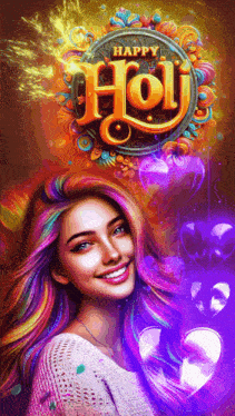 a woman with colorful hair is smiling in front of a sign that says " happy holi "