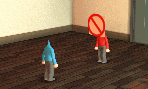 two cartoon characters are standing next to each other and one has a red no sign on his head