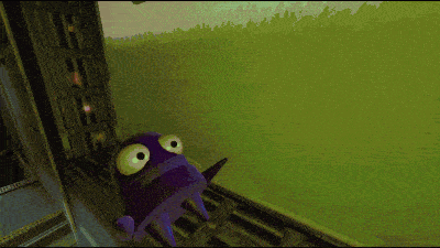 a purple cartoon character with big eyes is standing in front of a green field