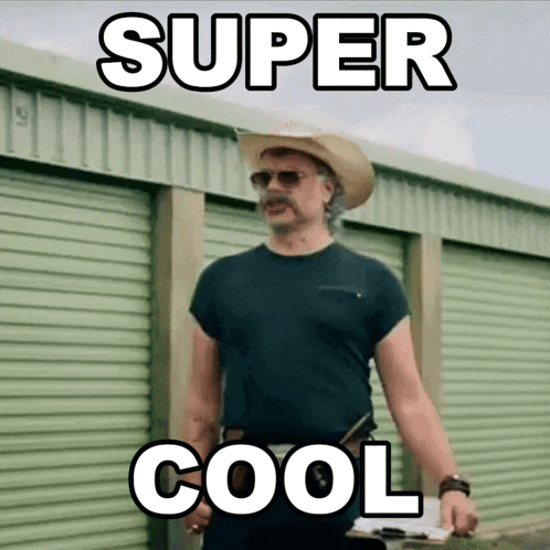 a man wearing a cowboy hat and sunglasses is standing in front of a building with the words super cool written on it