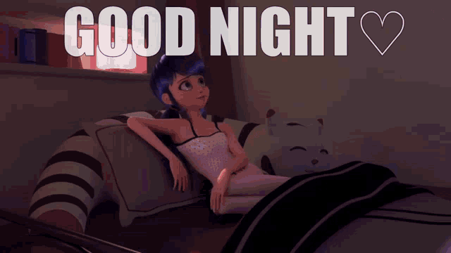 a cartoon girl is laying on a couch and the words good night are above her