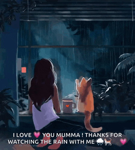 a painting of a woman and a cat in the rain