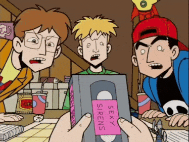 a group of cartoon characters are looking at a vhs tape that says sexy sirens