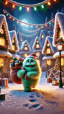 a green monster with a santa hat is carrying a bag full of gifts