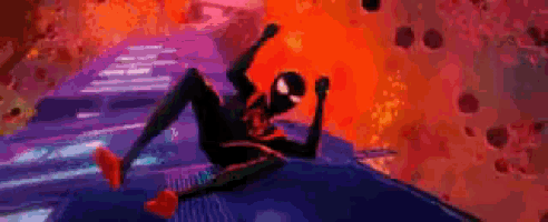 miles morales is flying through the air in spider-man into the spider-verse : into the spider-verse .