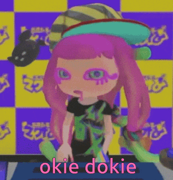 a cartoon of a girl with pink hair and a hat says okie dokie