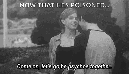 a black and white photo of a man and a woman kissing with the caption now that he 's poisoned ...