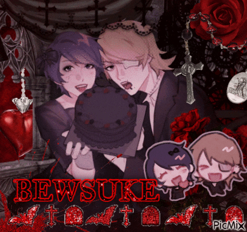 a picture of a man and a woman holding a cake with the name bewsuke at the top