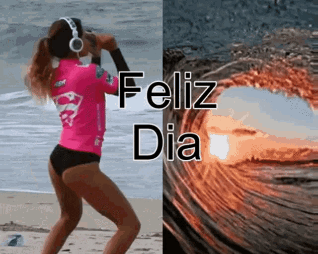 a woman wearing headphones is dancing on the beach next to a picture of a wave and the words feliz dia