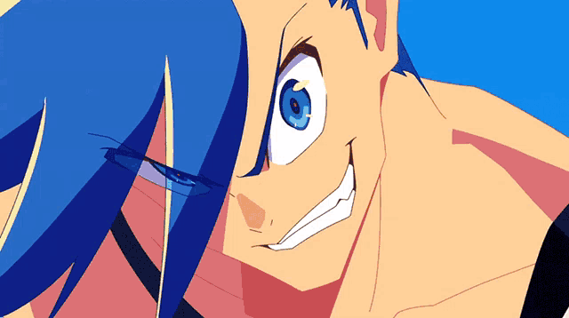 a close up of a cartoon character 's face with blue hair and white teeth